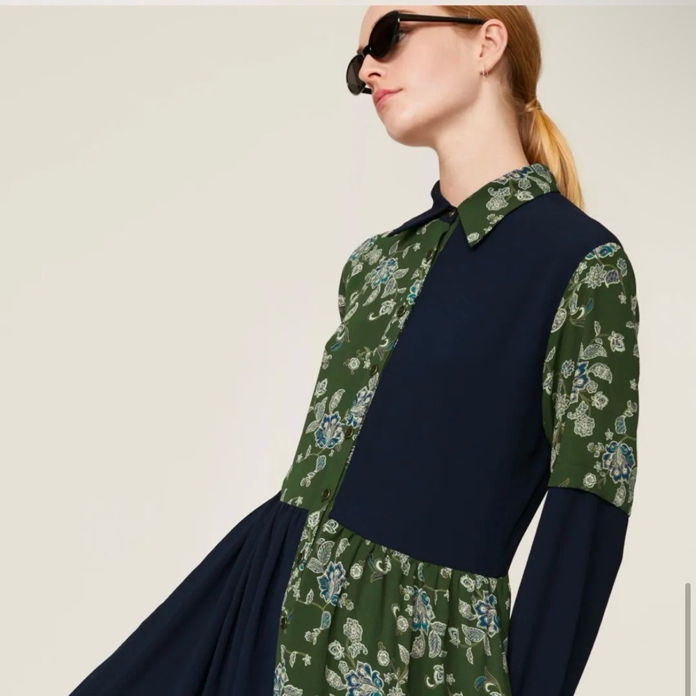 Pamela Love  X RTR Green Floral Navy Colorblock Midi Shirt Dress Long Sleeve